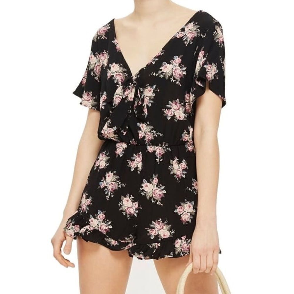 TOPSHOP Black & Floral Shorts Jumper Sz 8